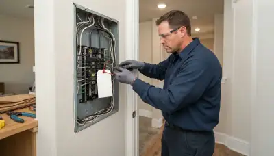Electrician securing wire terminations during repair with breaker lockout in a San Antonio, TX home