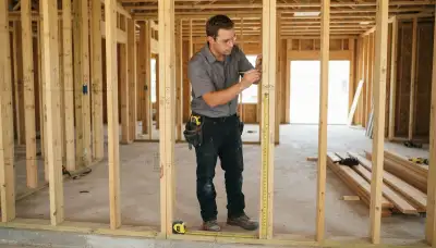 Electrician marking circuit runs on open-stud framing for new construction wiring in San Antonio, TX