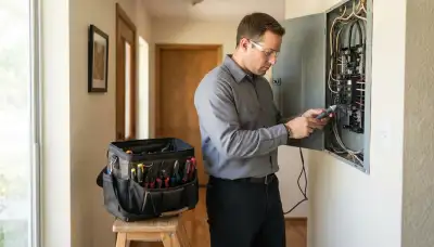 San Antonio electrician uses a voltage tester to diagnose an electrical panel during a home service call.