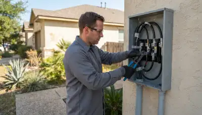 Electrician terminating service conductors in a new meter base for a San Antonio, TX home