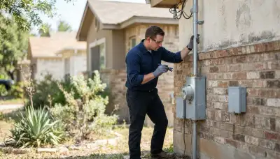 Electrician inspects a home's service entrance meter base in San Antonio, TX