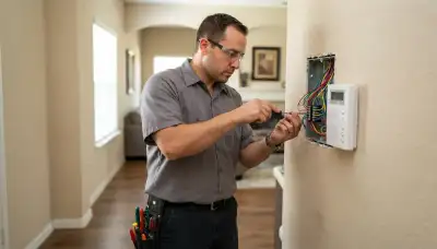 Electrician terminating intercom station wiring during a San Antonio, TX home installation