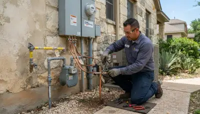 Electrician installing surge protection and bonding jumpers at a San Antonio, TX home