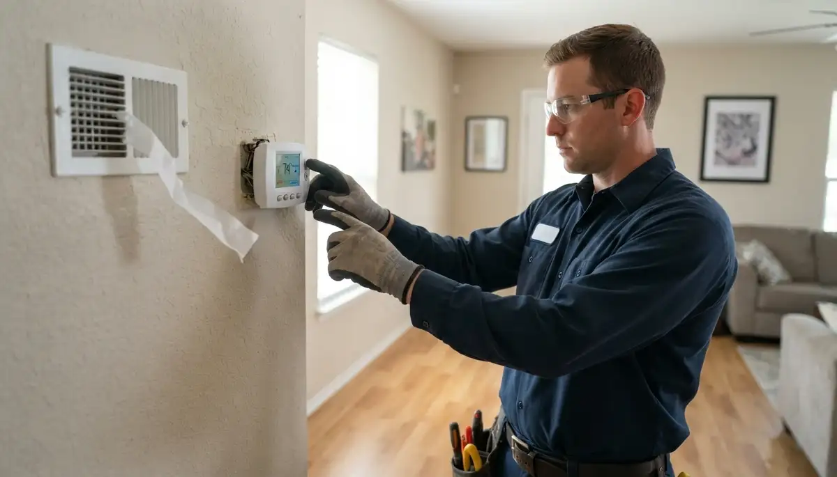 Technician tests a newly installed thermostat in San Antonio, TX, verifying heating and cooling cycles