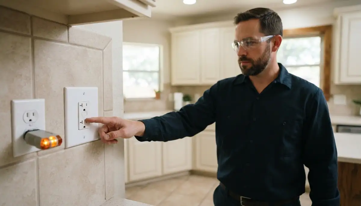 San Antonio electrician presses a GFCI outlet test button to verify ground-fault protection in a home
