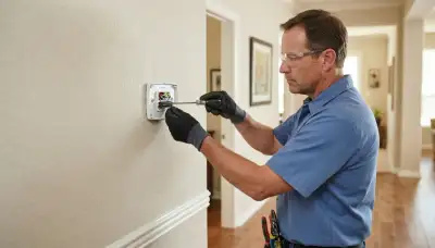 Electrician levels thermostat base and connects control wires in a San Antonio, TX home