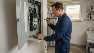 Electrician inspecting a home's electrical panel and wiring for safety in Bergheim, TX