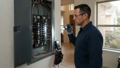 Electrician performing a whole-home electrical inspection at a service panel in Converse, TX
