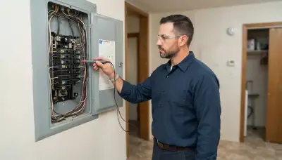 Licensed electrician uses a voltage tester to inspect a home's electrical panel in San Antonio, TX