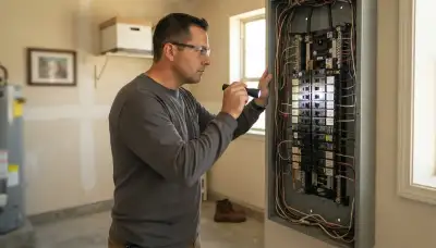 Electrician performing a whole-home electrical inspection in Schertz, TX
