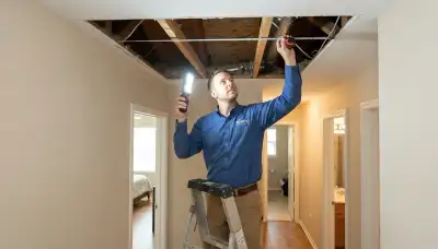 San Antonio electrician assesses hallway ceiling and attic joist spacing for whole-house fan installation